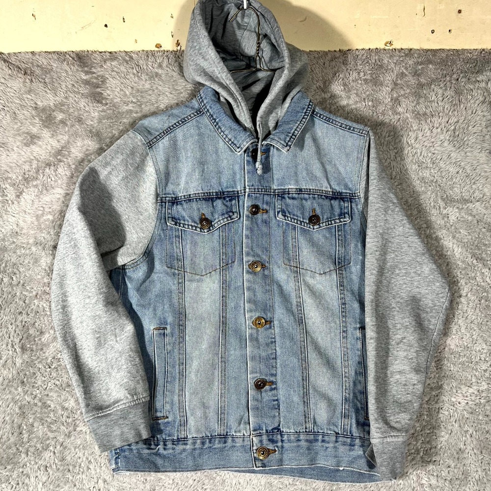 Brooklyn Cloth Trademark Jacket Men XS Blue Denim Button Front Hooded Light Wash